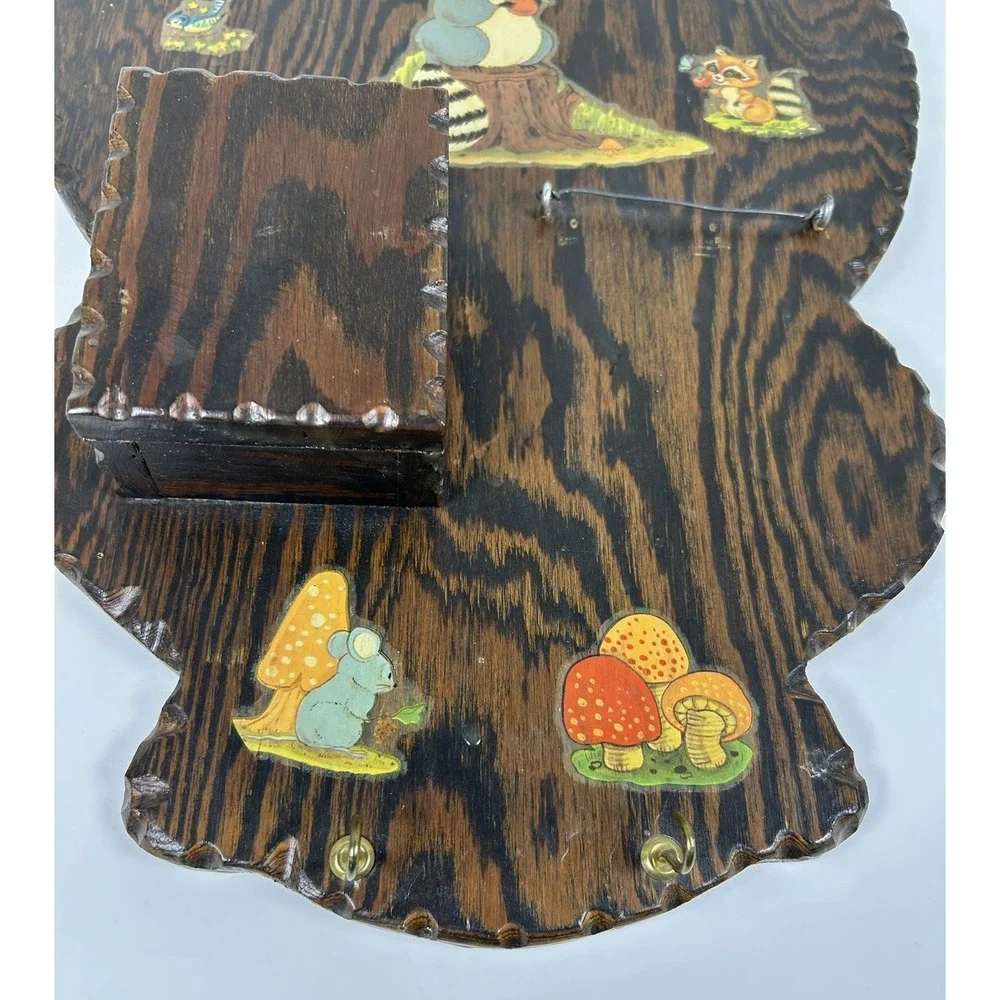 VTG MCM Rustic Wood Wall Mail Holder Key Hooks Mushroom Raccoon Woodland 80s 15